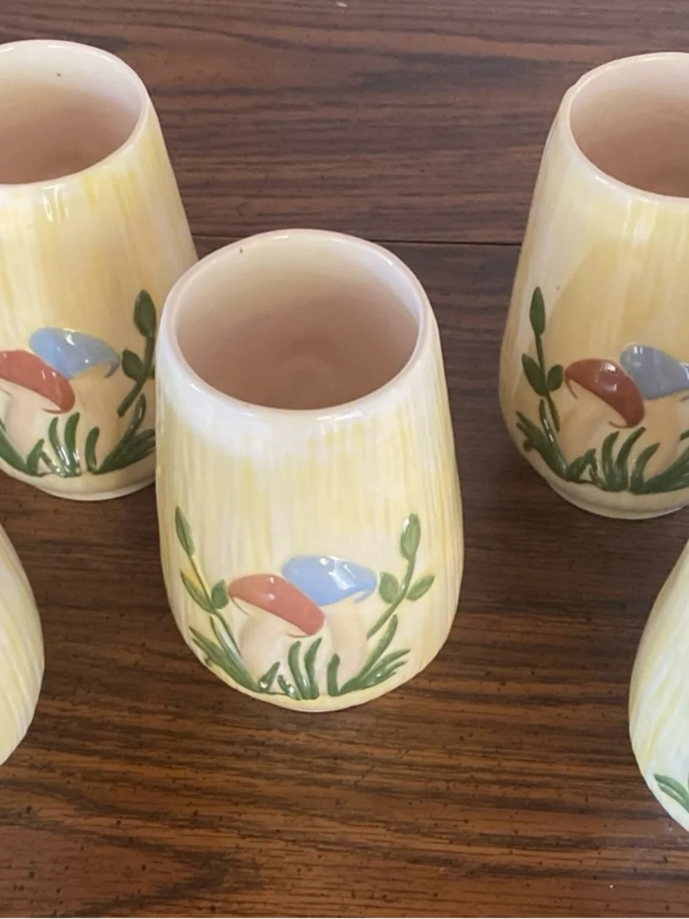 RARE Vintage 1970s Arnel's Ceramic Mushroom Tumblers - Set of 5 Yellow with Blue